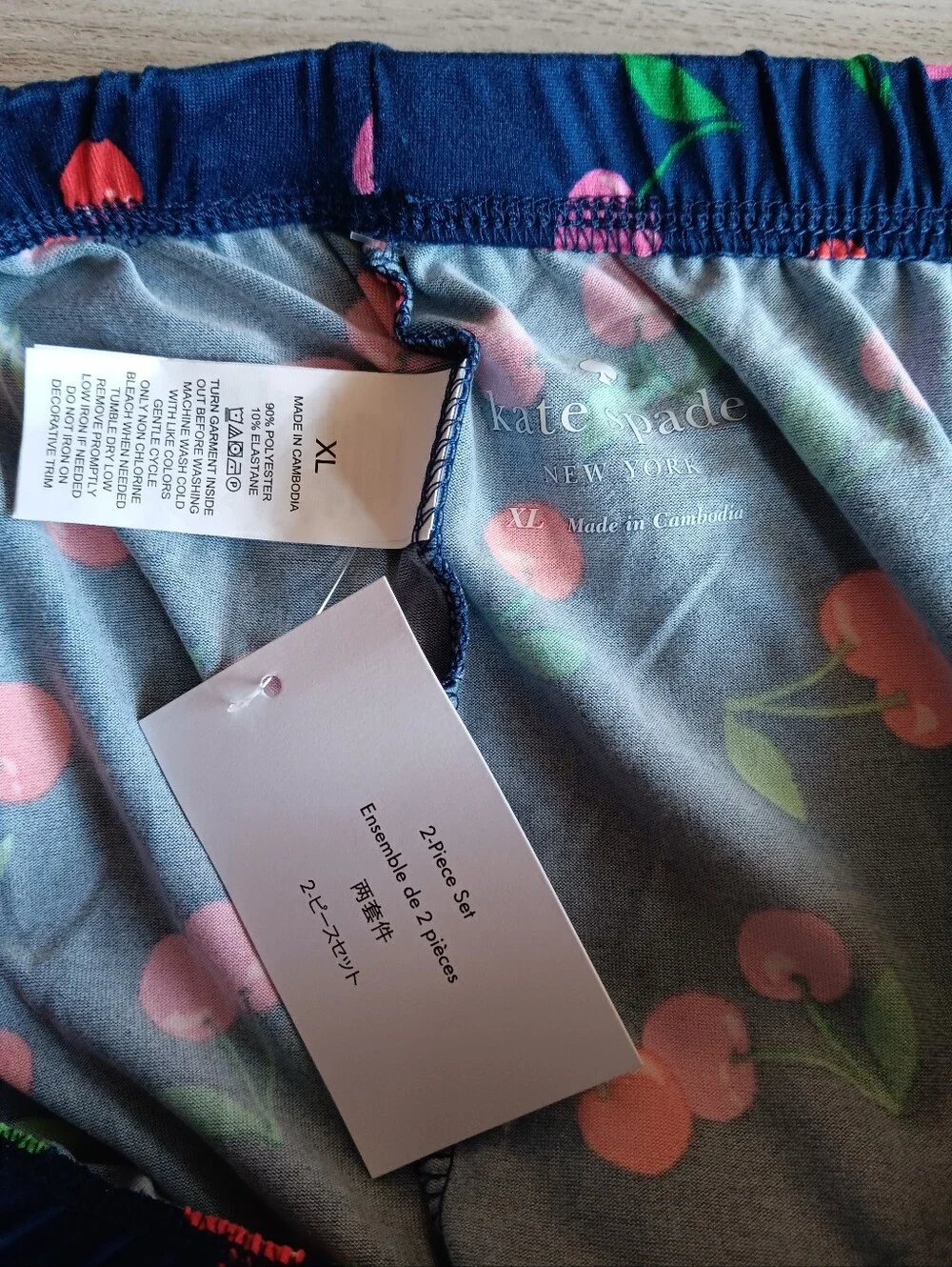 Kate Spade Short Sleeve Pajama Pant Set 2 Pc Red Pink Cherries Indigo Blue XL